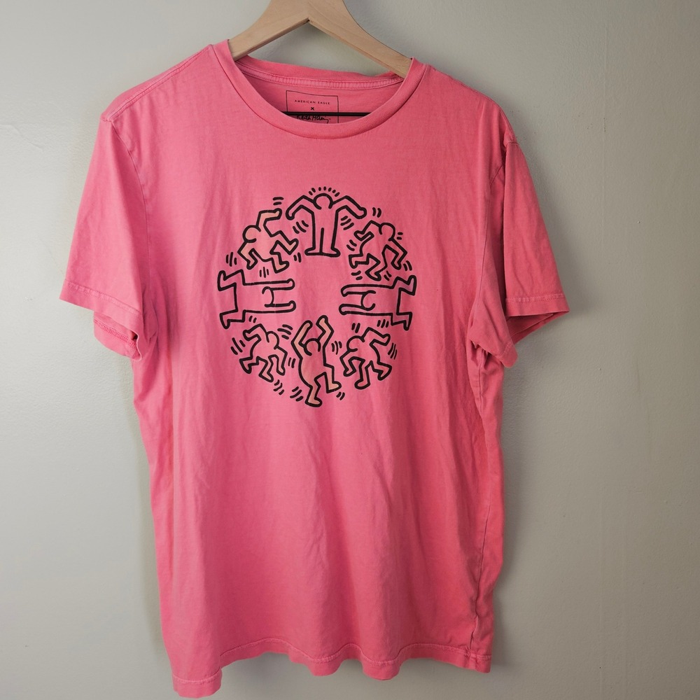 American Eagle x Keith Haring Graphic Tee Sz L Coral Pink Short‎ Sleeve Unisex